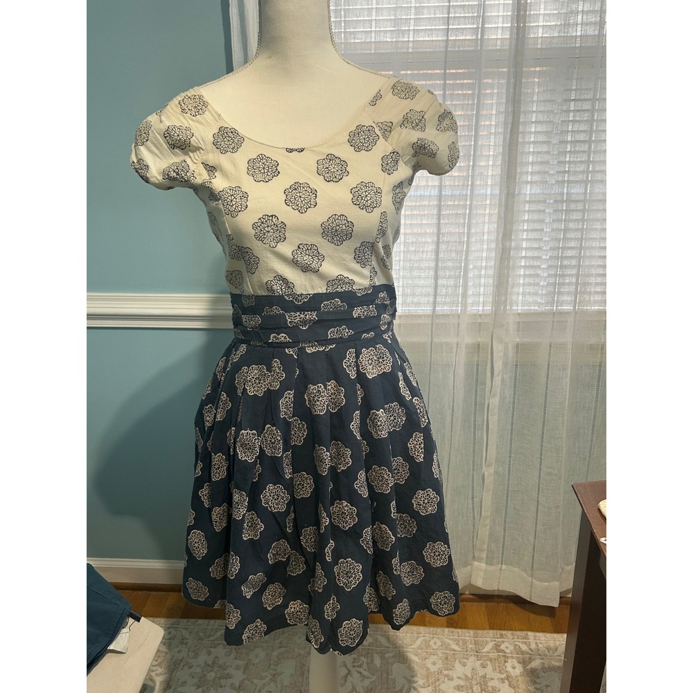 Mata Traders Cotton Block Print Fit and Flare Dress Navy Cream Floral Womens S